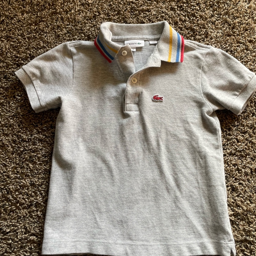 Lacoste Kids Gray Polo Shirt with Colorful Collar sz 4